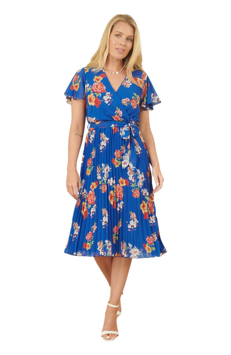 Women's Pleated Floral Tie-Waist Wrap Midi Dress