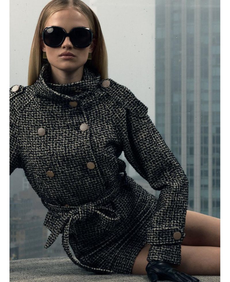 Women's Sadie Black and White Tweed High Collar Belted Mini Jacket