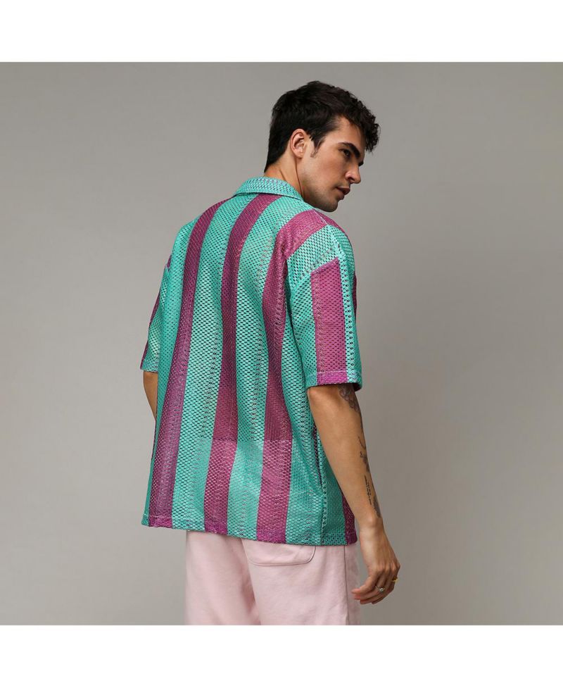 Men's Mint Green & Plum Purple Balanced Striped Oversized Shirt