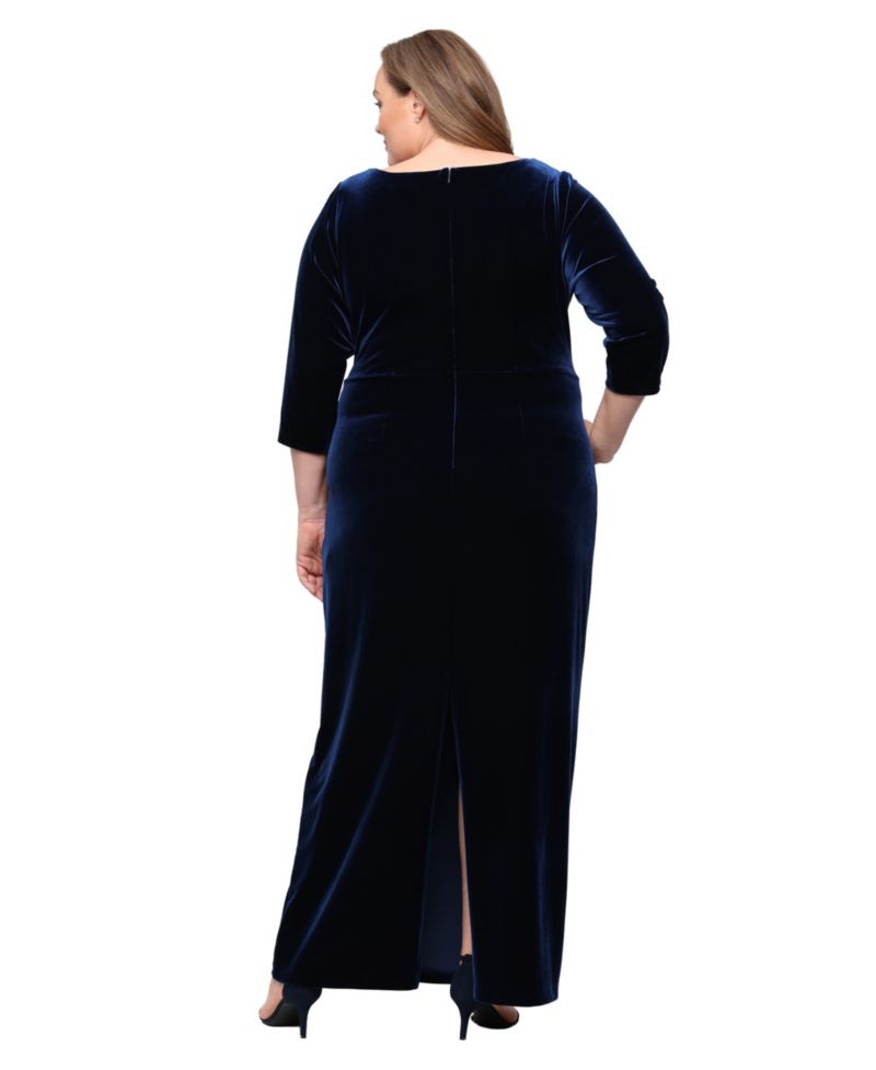 Plus Size Stretch Velvet Surplice Embellished-Cascade Gown