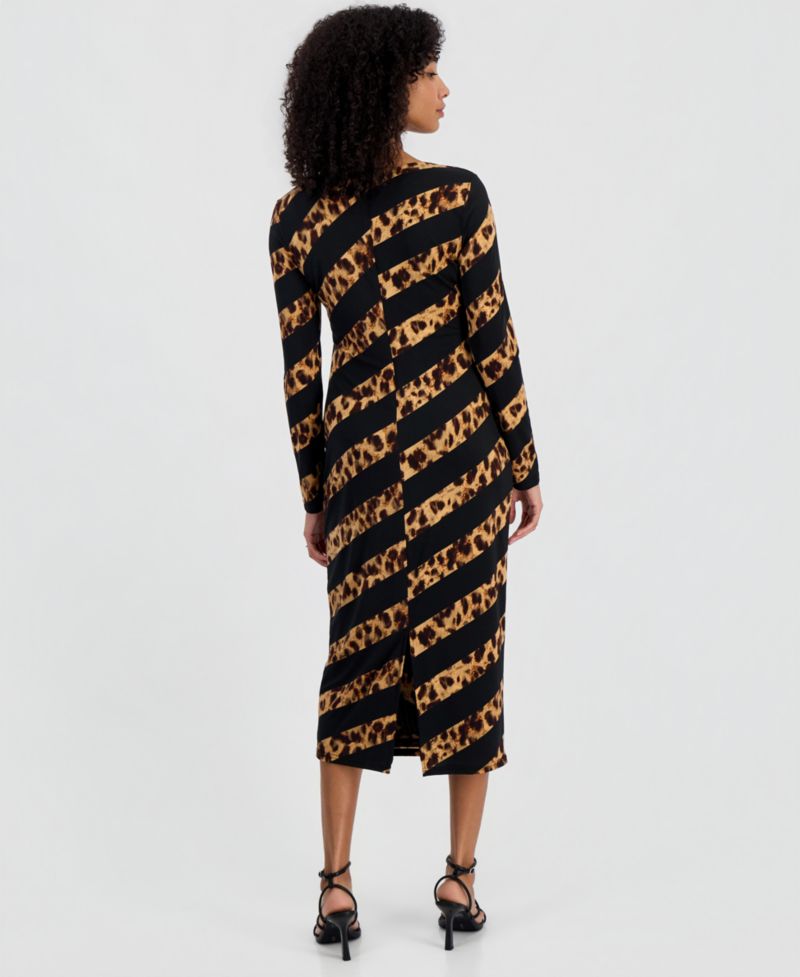Women's Leopard-Print Long-Sleeve Midi Dress
