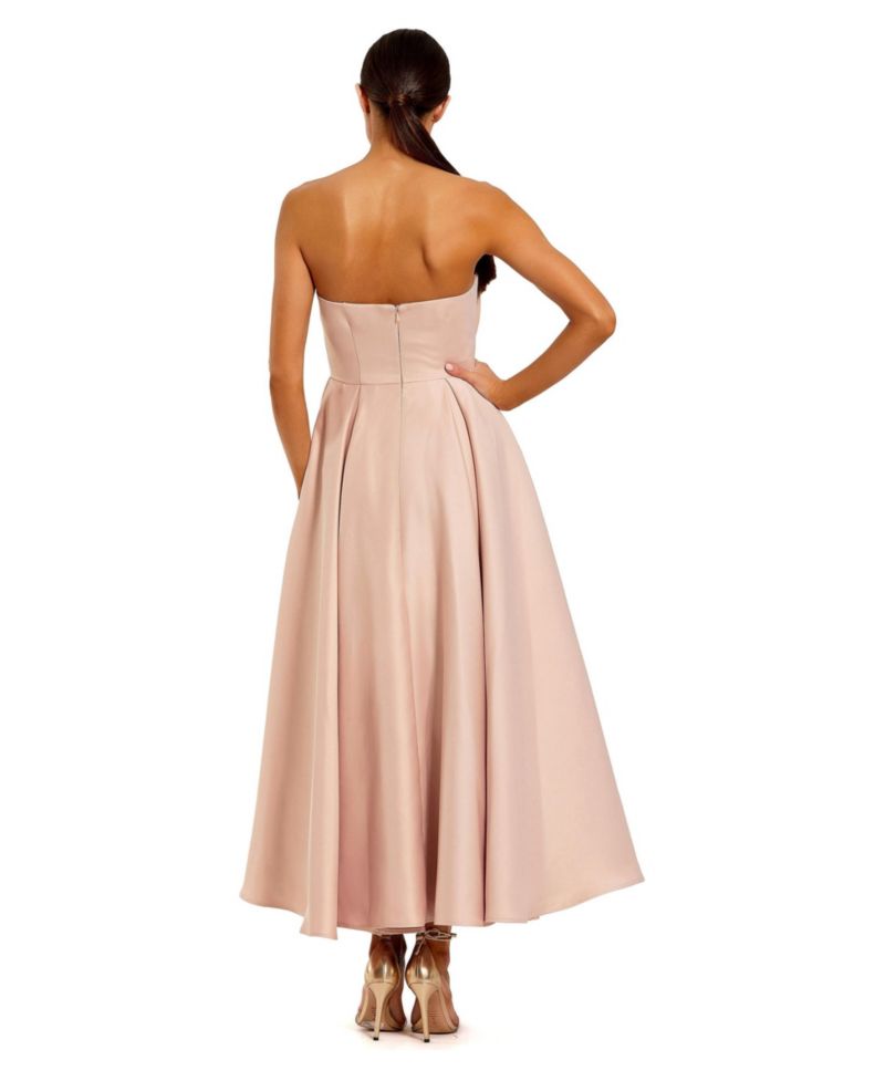 Women's Strapless Satin A Line Midi Dress With 3D Flower