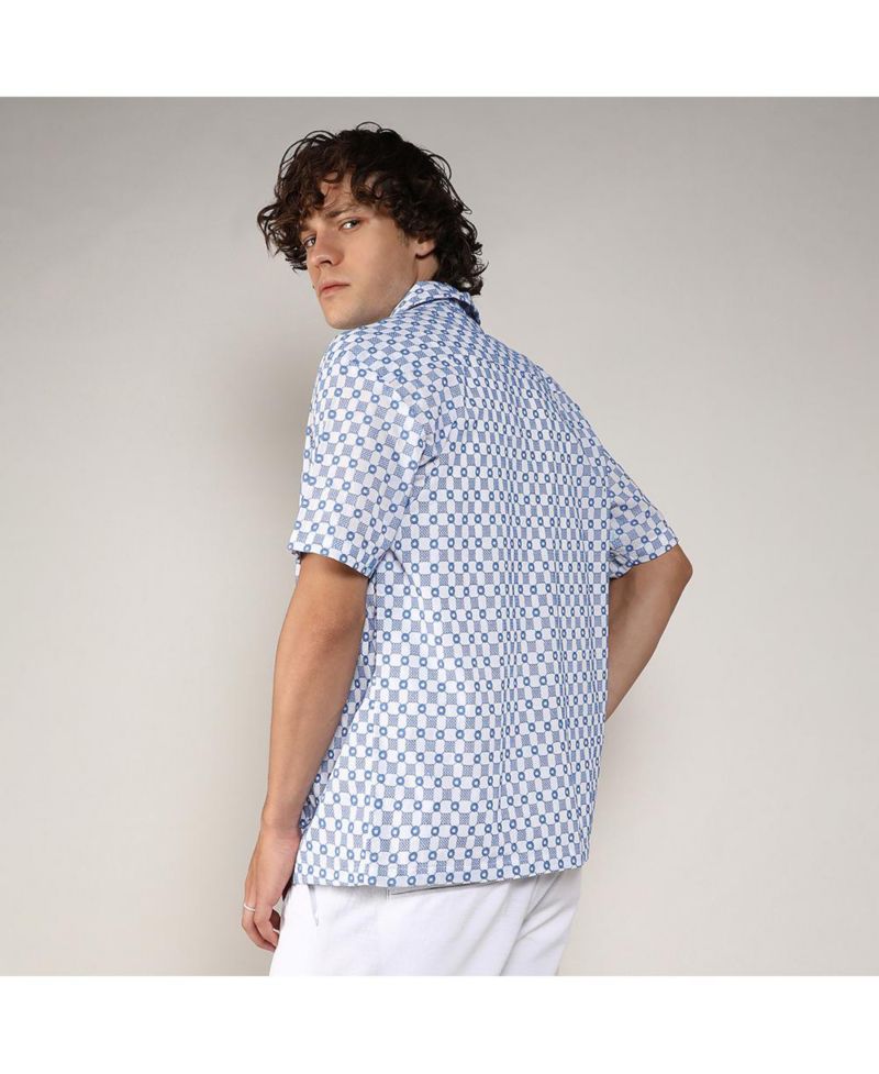 Men's Chalk White & Prussian Blue Embroidered Checkered Shirt