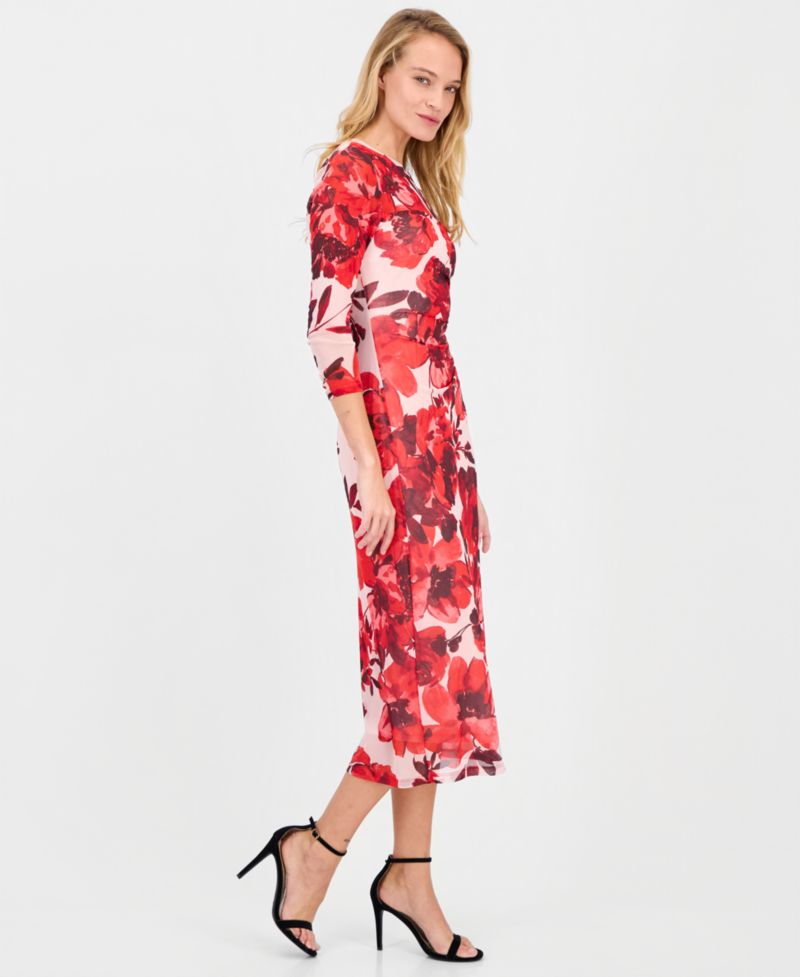 Women's Side-Ruched 3/4-Sleeve Midi Dress