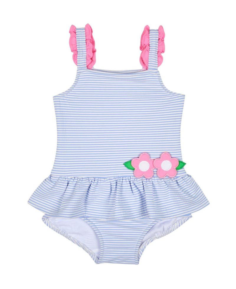 Little Girls Seersucker Swimsuit With Flowers