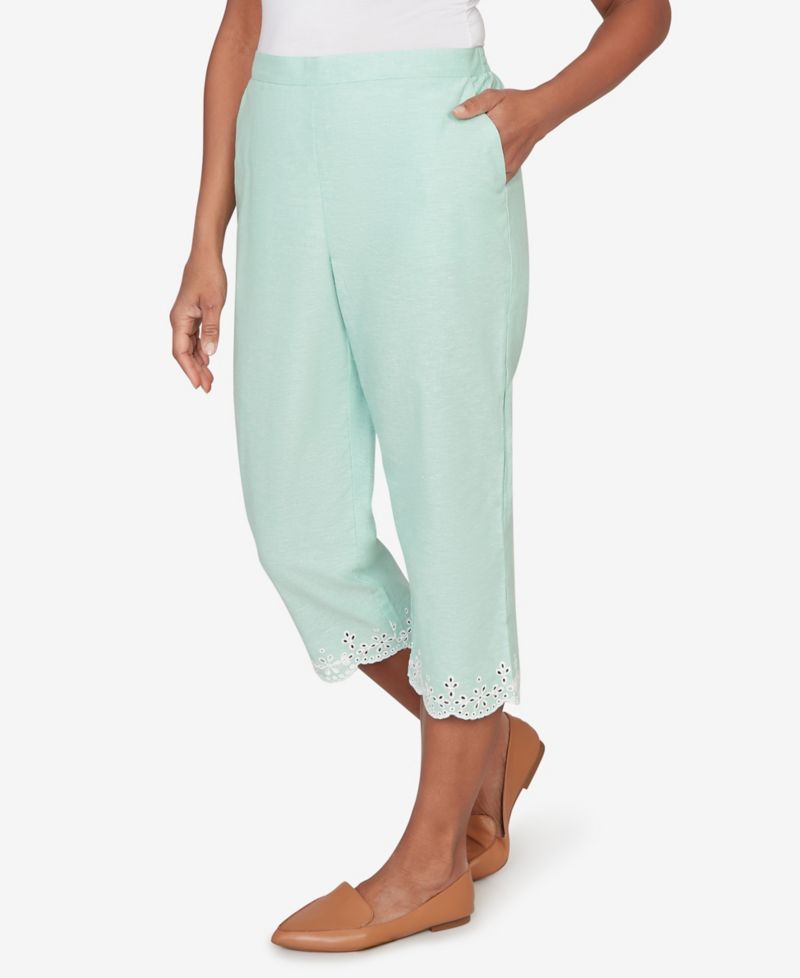Women's Caribbean Blues Eyelet Embroidered Cuff Capri Pants