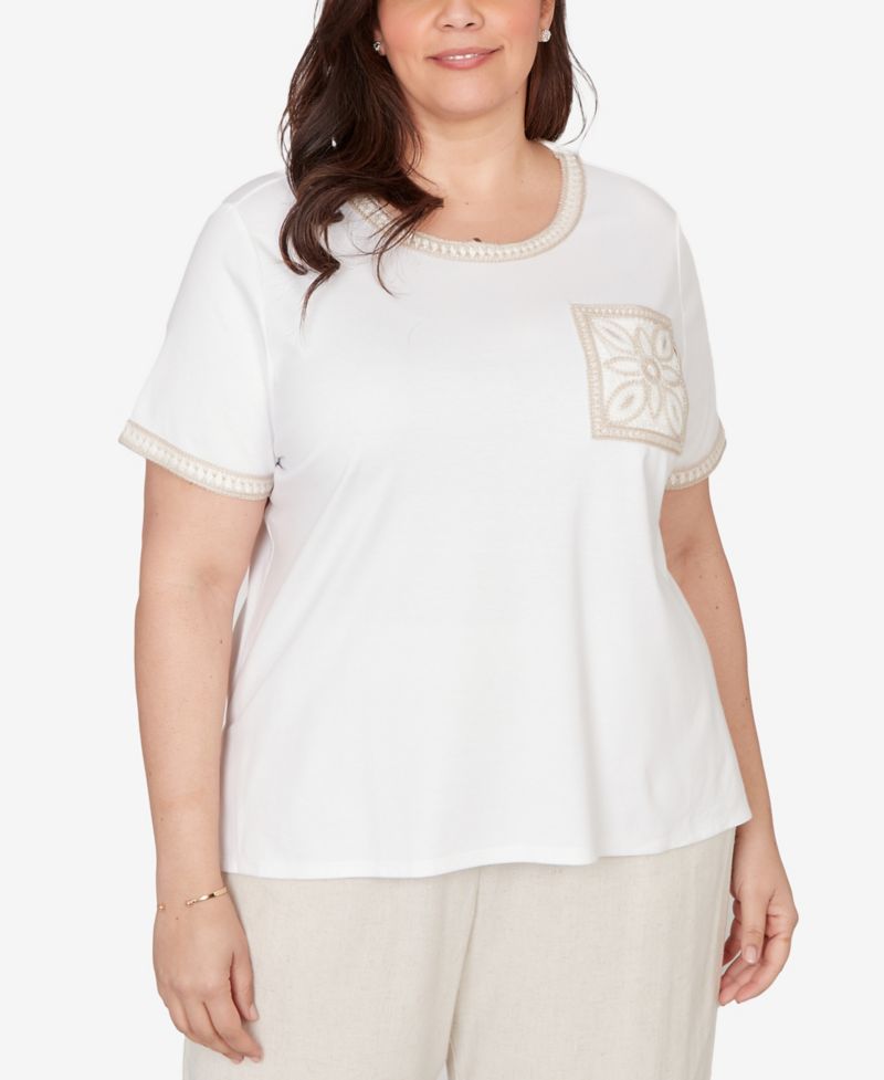 Plus Size Natural Wonder Crochet Pocket Short-Sleeve T-Shirt