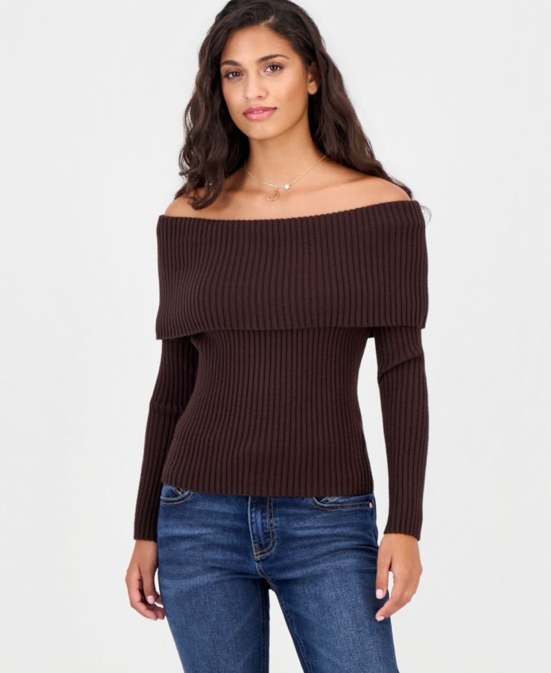 Juniors' Marilyn Striped Off-the-Shoulder Ribbed Pullover