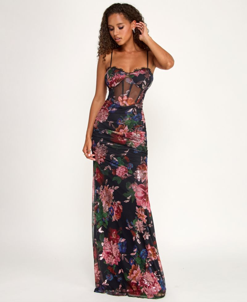 Juniors' Mesh Sequin Sweetheart Neck Gown