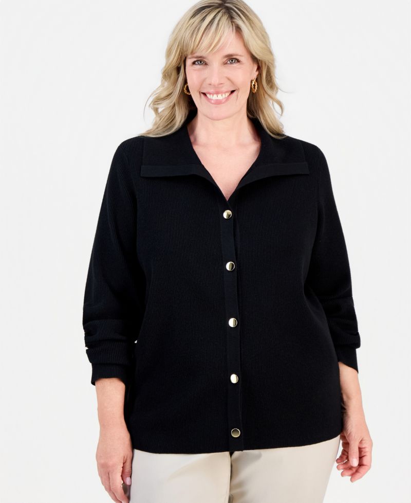 Petite Collared Long-Sleeve Button Cardigan