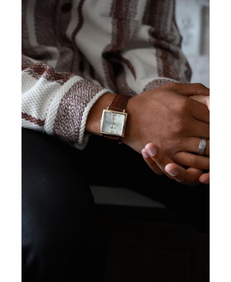 Men's 35mm 14K Gold Plated Square Watch with Brown leather Strap