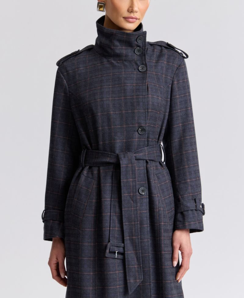 Women's Plaid Funnel Neck Belted Trench Coat