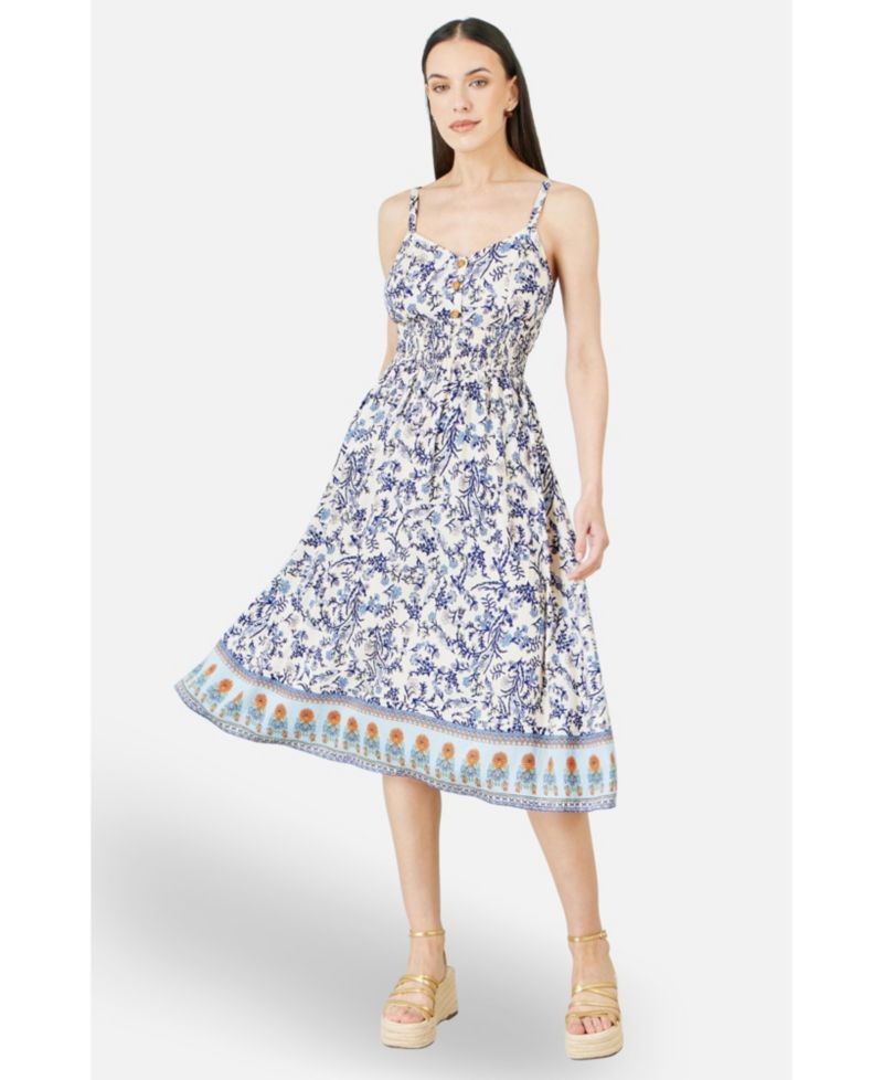 Women's Floral Border Print Midi Sun Dress