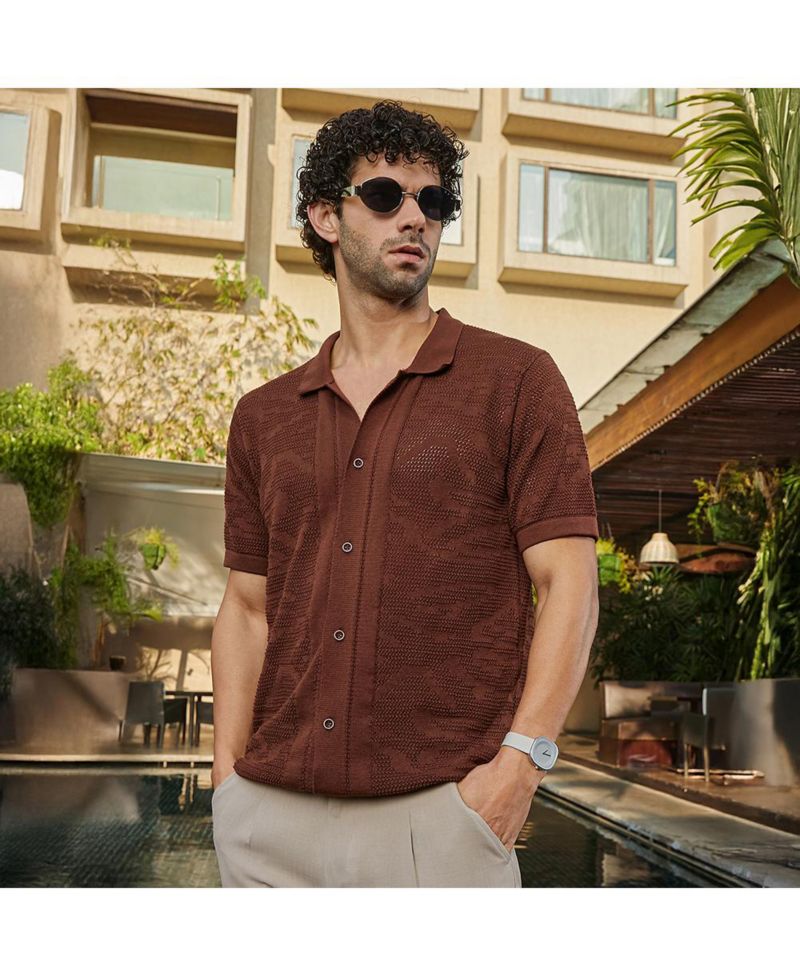 Men's Russet Brown Fluid-Knit Polo Shirt