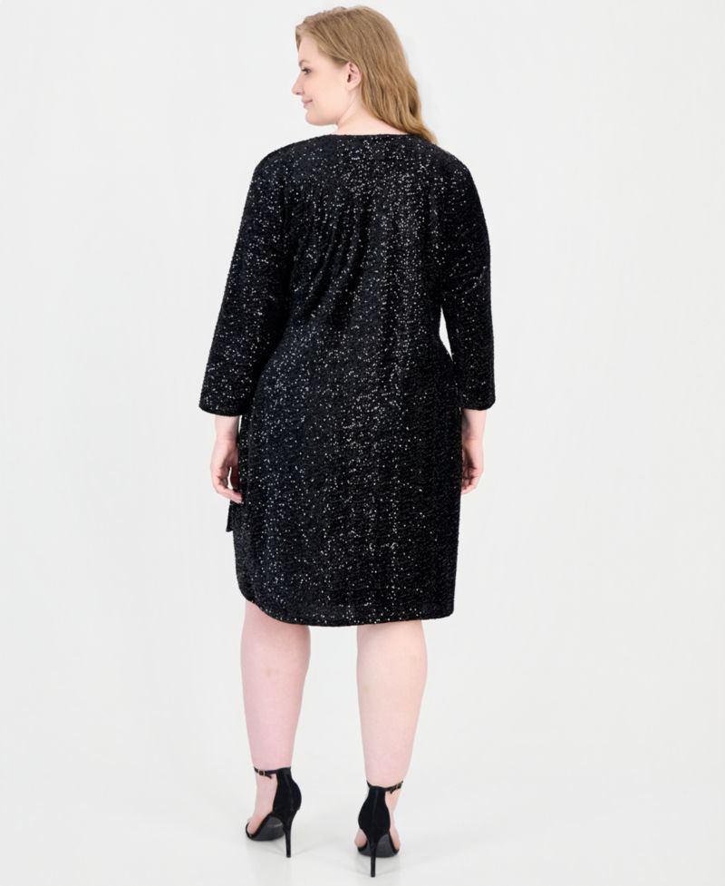 Plus Size Sequin Wrap V-Neck Dress