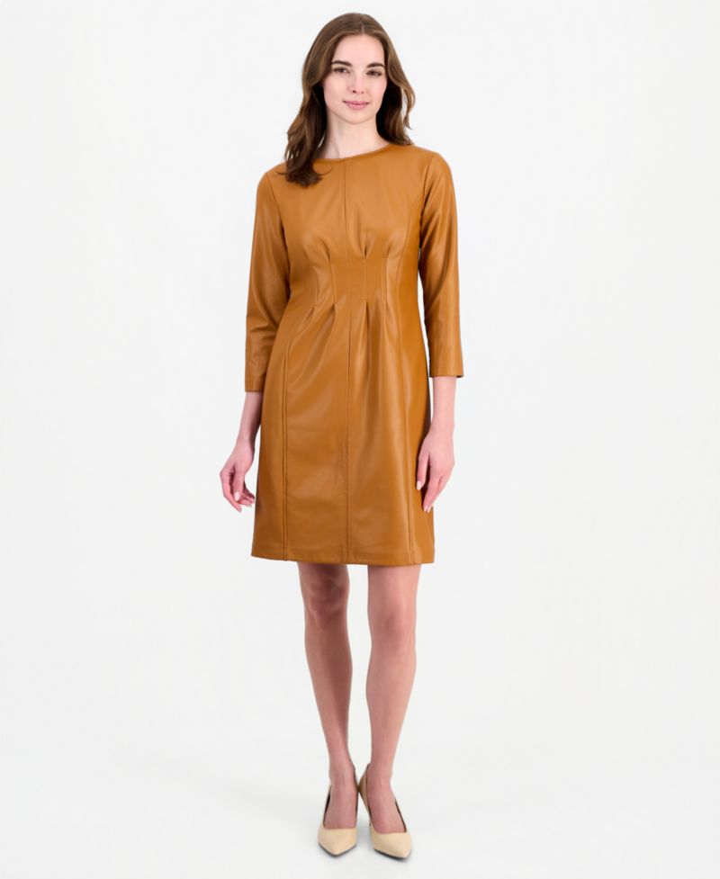 Women's Pleated Waist Sheath Knee-Length 3/4 Sleeve Dress