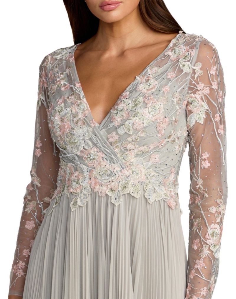 Women's Embroidered Long Sleeve V Neck Pleated Gown