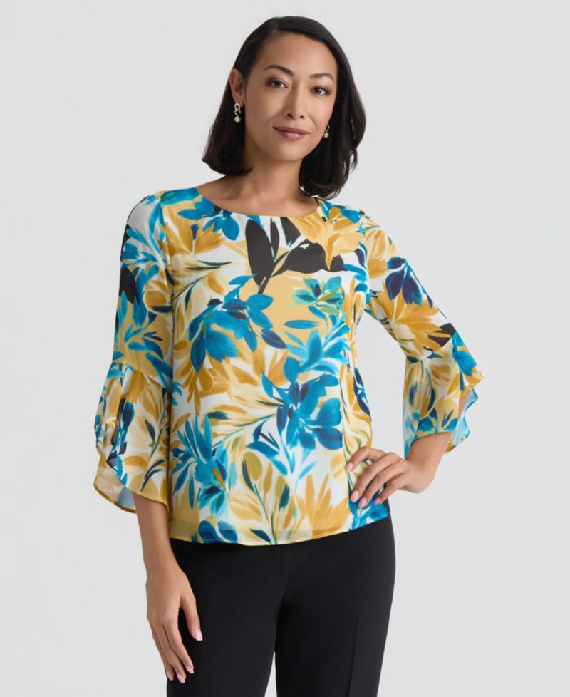 Women's 3/4 Ruffle-Sleeve Printed Boatneck Top, Regular & Petite