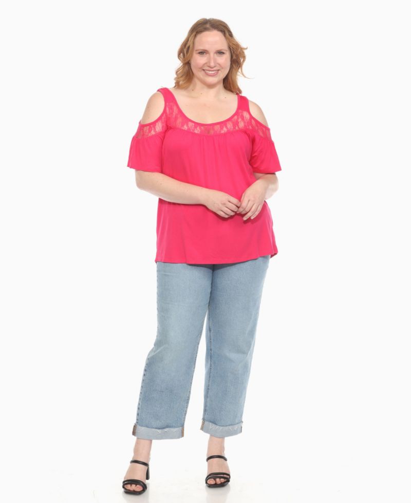 Plus Size Cold Shoulder Lace Trim Knit Top