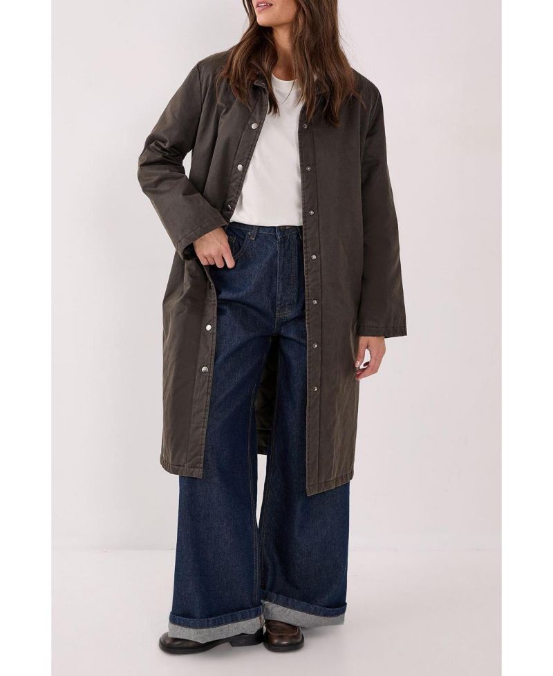Women's Longline Cord Collar Wax Effect Coat