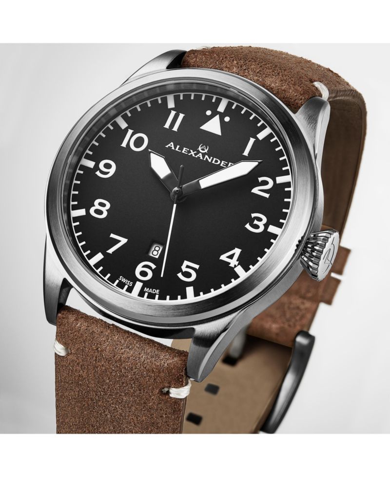 Men's Swiss Made Aviator A601.02 Quartz Watch with Dial, Suede Leather Strap, Sapphire Crystal, 42mm