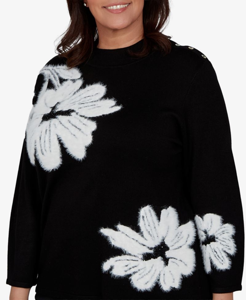 Plus Size 3/4-Sleeve Floral-Print Crewneck Pullover Sweater