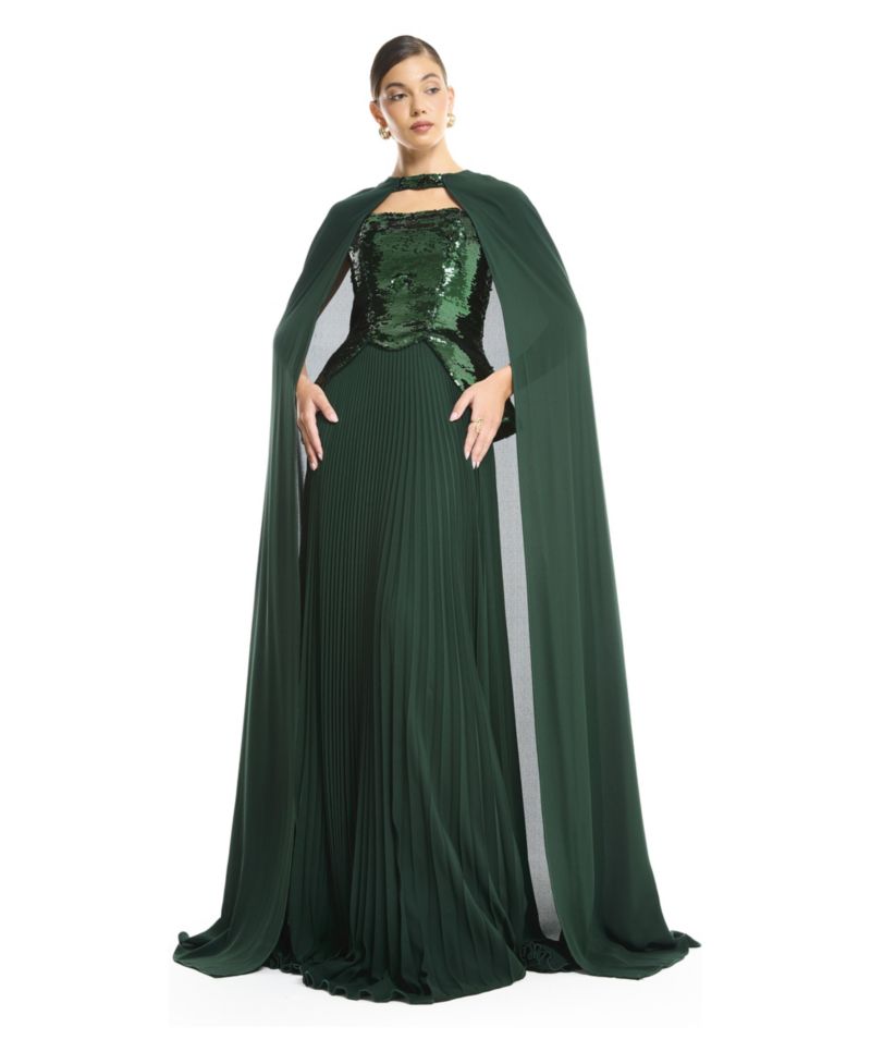 Women's Sequin Bustier Pleated Evening Gown with Detachable Cape