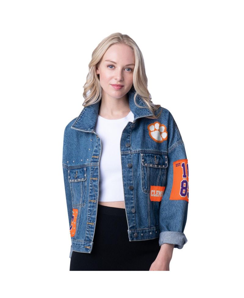 Women's Denim Clemson Tigers Game Ball Patches and Studs Full-Button Jacket