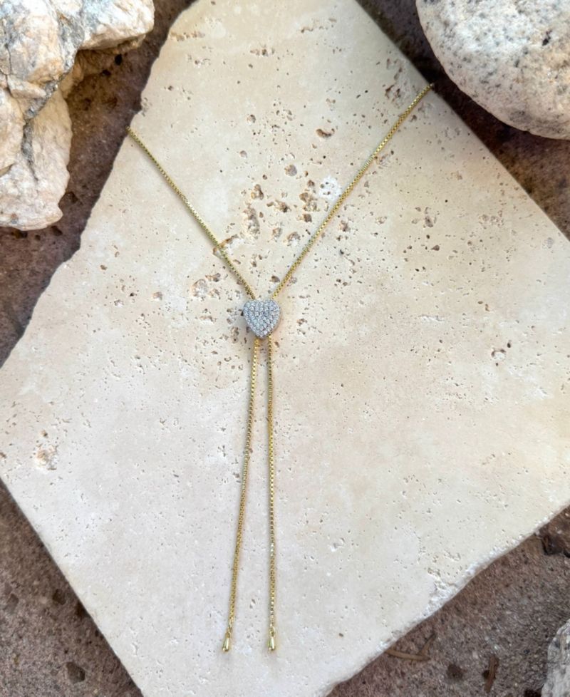 Gold CZ Heart Bolo Necklace