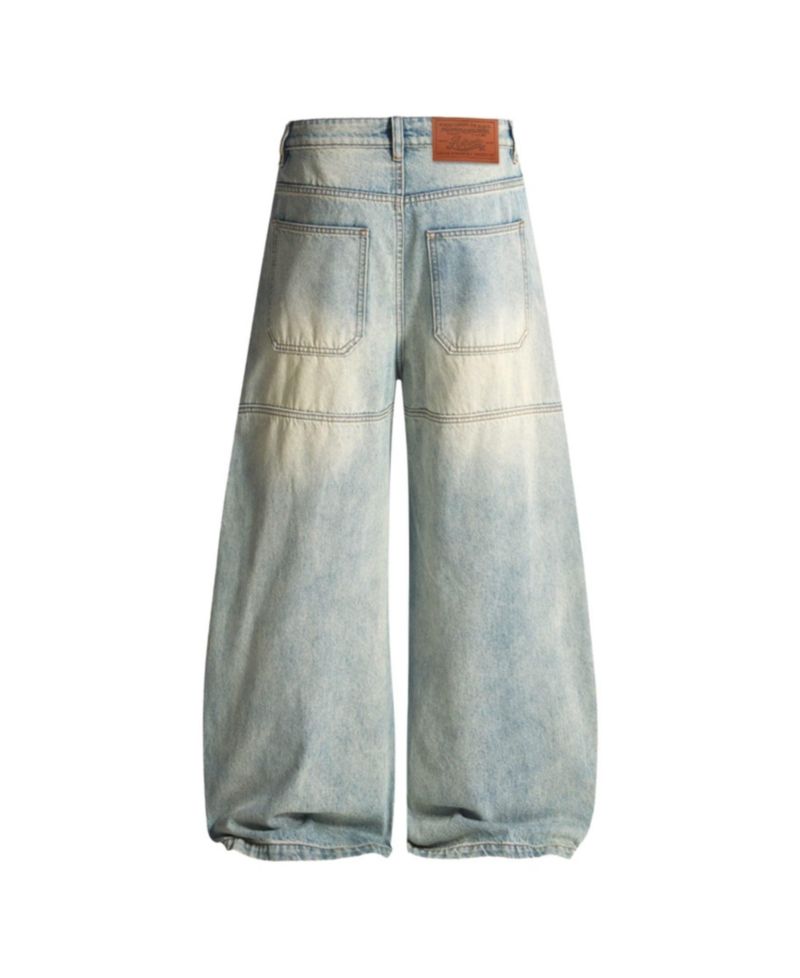 Men's Panel Baggy Barrel Light-Wash Distressed Jeans