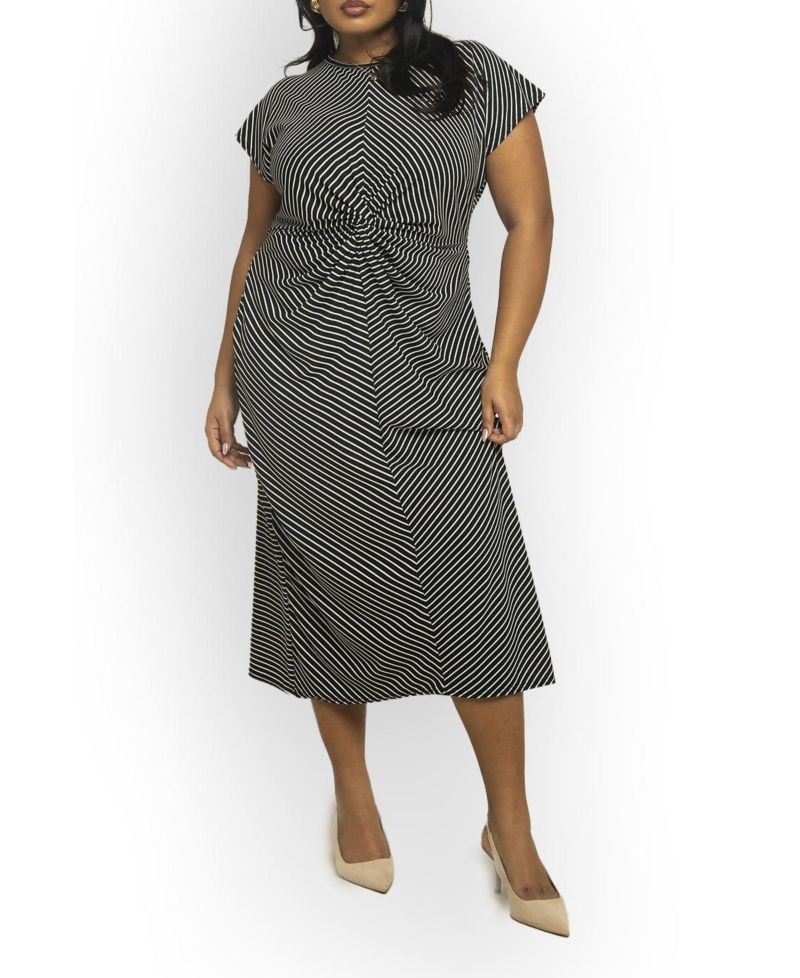 Women's Cinched Striped Print Midi Dress