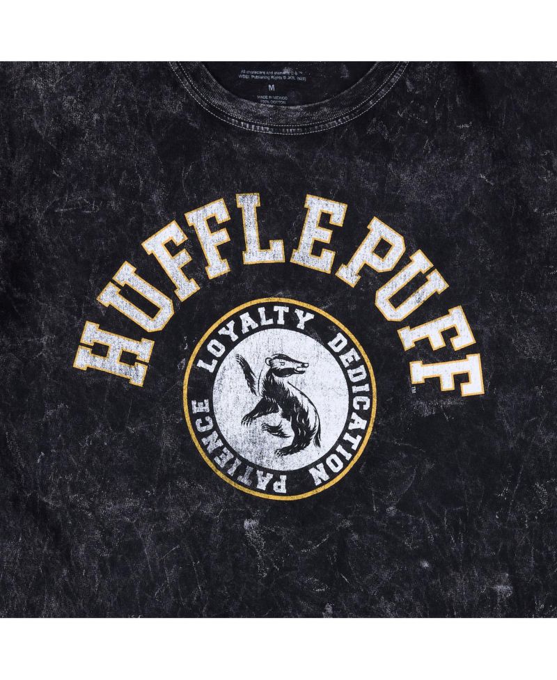 Men's Hufflepuff Varsity Black Vintage Mineral Wash Crew Neck Short Sleeve T-shirt-XXL
