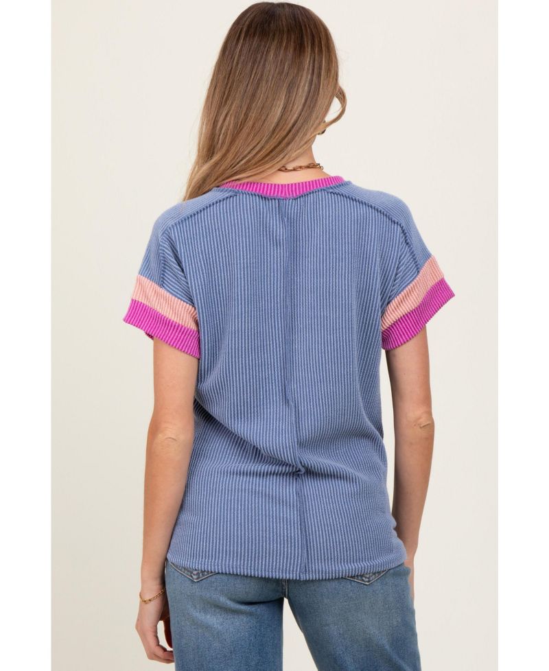 Women's Green Ribbed Colorblock Detail Short Sleeve Top