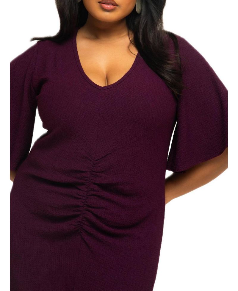 Women's Ruched Flutter Sleeve Midi Dress