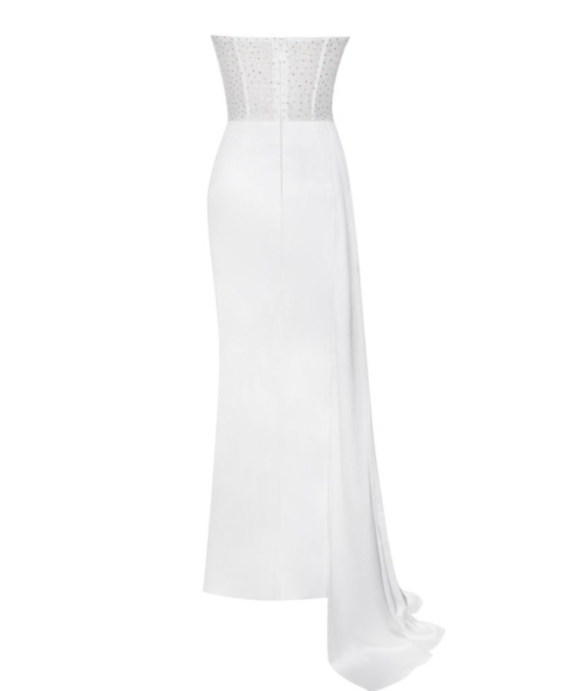 Women Holly White Crystallized Corset High Slit Satin Gown