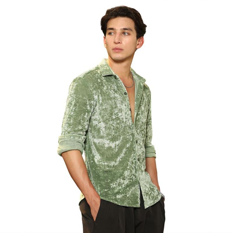 Men's Sage Green Solid Velvet Shirt