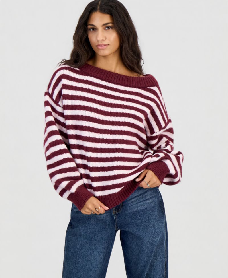 Juniors' Slouchy Striped Balloon-Sleeve Sweater