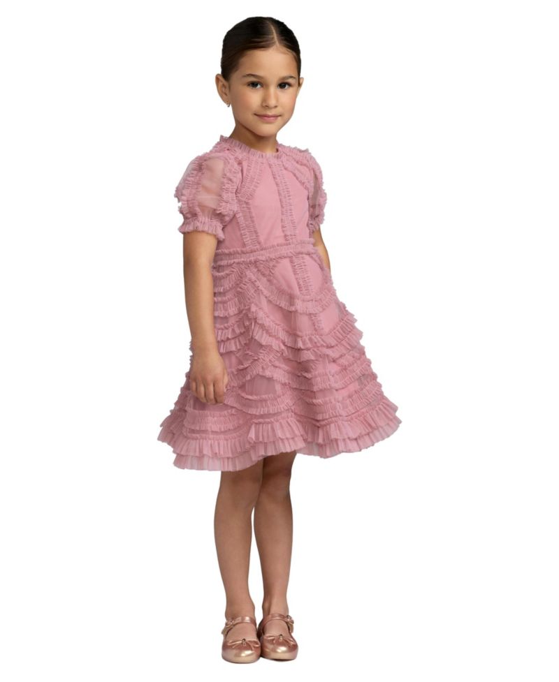 Big Girls High Neck Puff Sleeve Ruffle Mini Dress