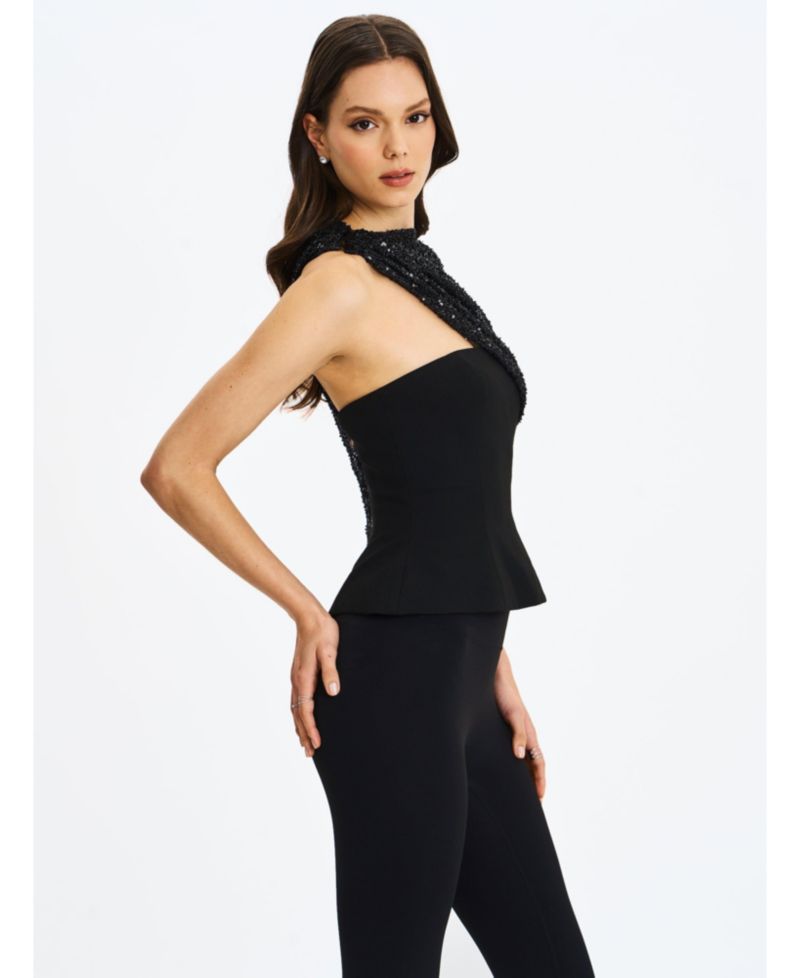 Women's Quinette Black Peplum Top with Beaded Asymmetrical Cape