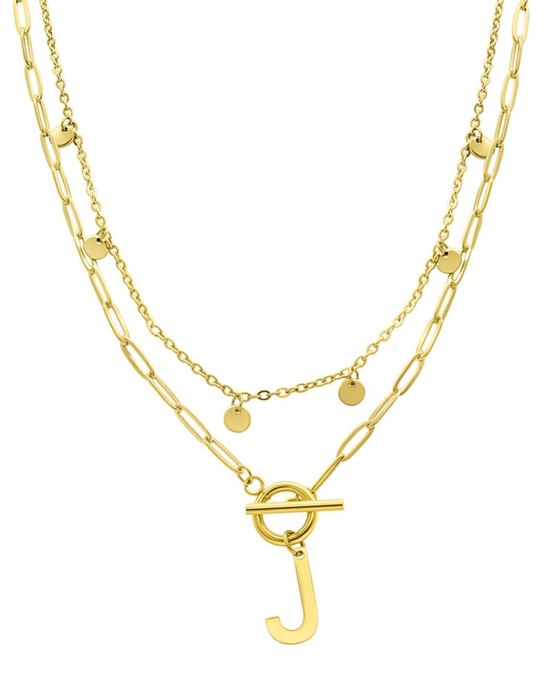 Tarnish Resistant 14K Gold-Plated Confetti and Paperclip Layered Initial Toggle Necklace