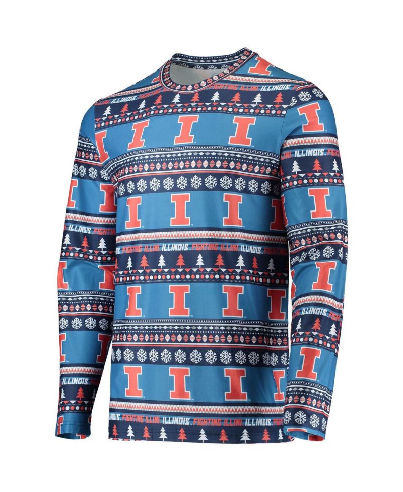 Men's Blue Illinois Fighting Illini Ugly Sweater Long Sleeve T-shirt and Pants Sleep Set