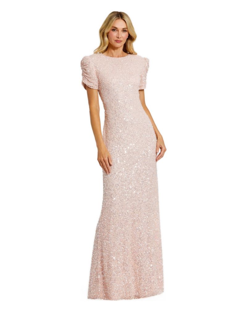 Petite Embellished Mesh High Neck Puff Sleeve Gown