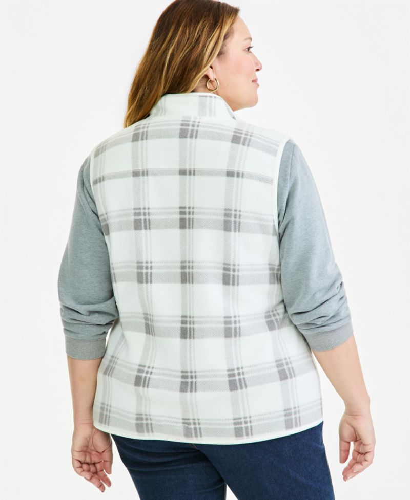 Plus Size Plaid Zip-Front Polar Fleece Vest
