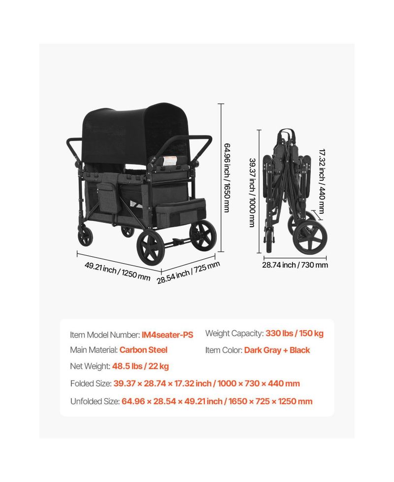 4-Kid Wagon Stroller, Collapsible Push/Pull Cart with Canopy, Safety Harnesses & Adjustable Handle, 330lb Capacity