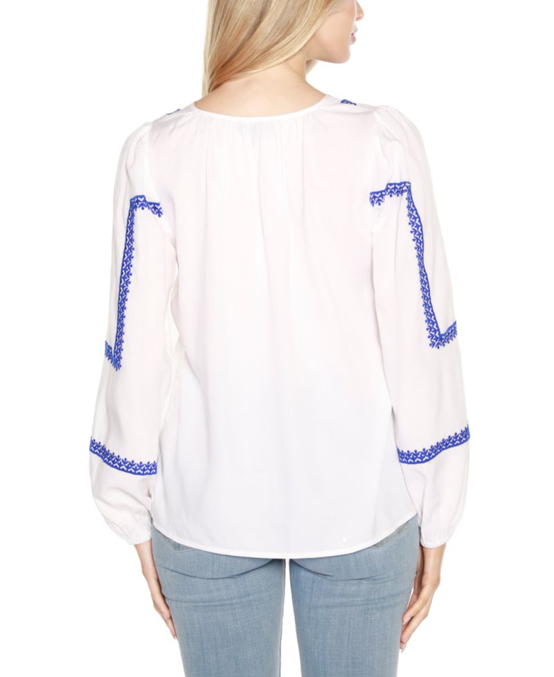 Black Label Embroidered Blouson Tie Neck Top