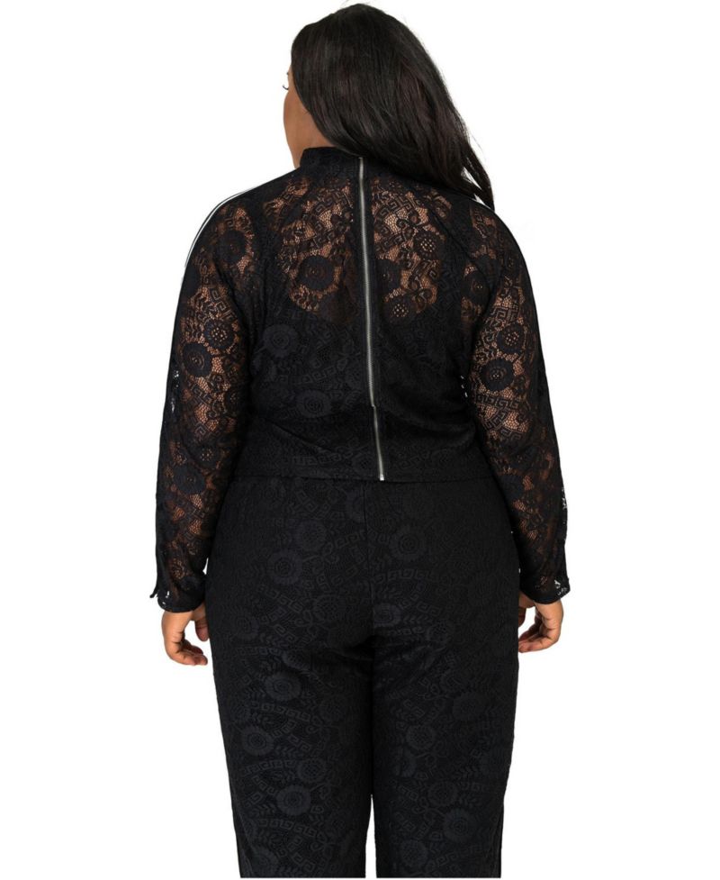 Plus Size Curvy Black Lace Stripe Snap Cuff Zip Turtleneck