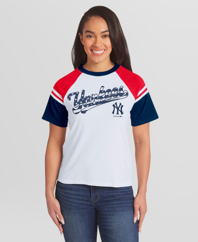 Women's White New York Yankees Striped Raglan T-Shirt