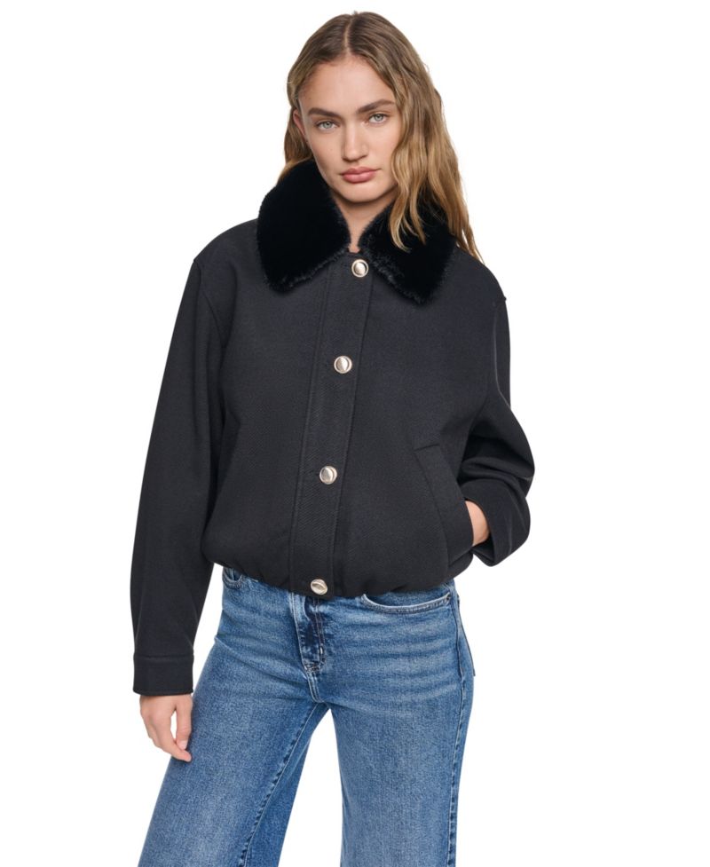 Women's Cropped Faux-Fur Collar Bomber Jacket