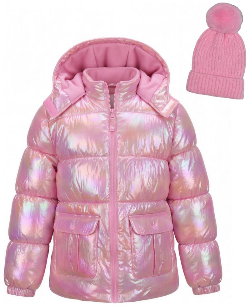 Girls' 5-16 Iridescent Puffer Jacket with Knit Hat, 2-Piece Set
