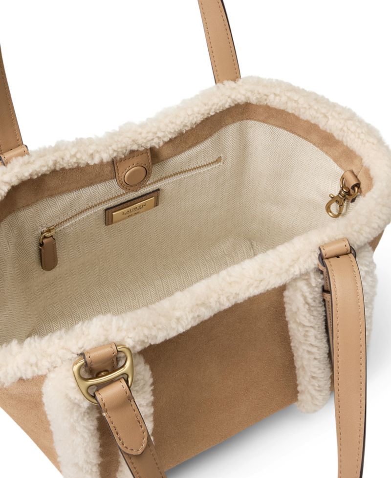Tasha Suede Shearling Trim Small Tote Bag